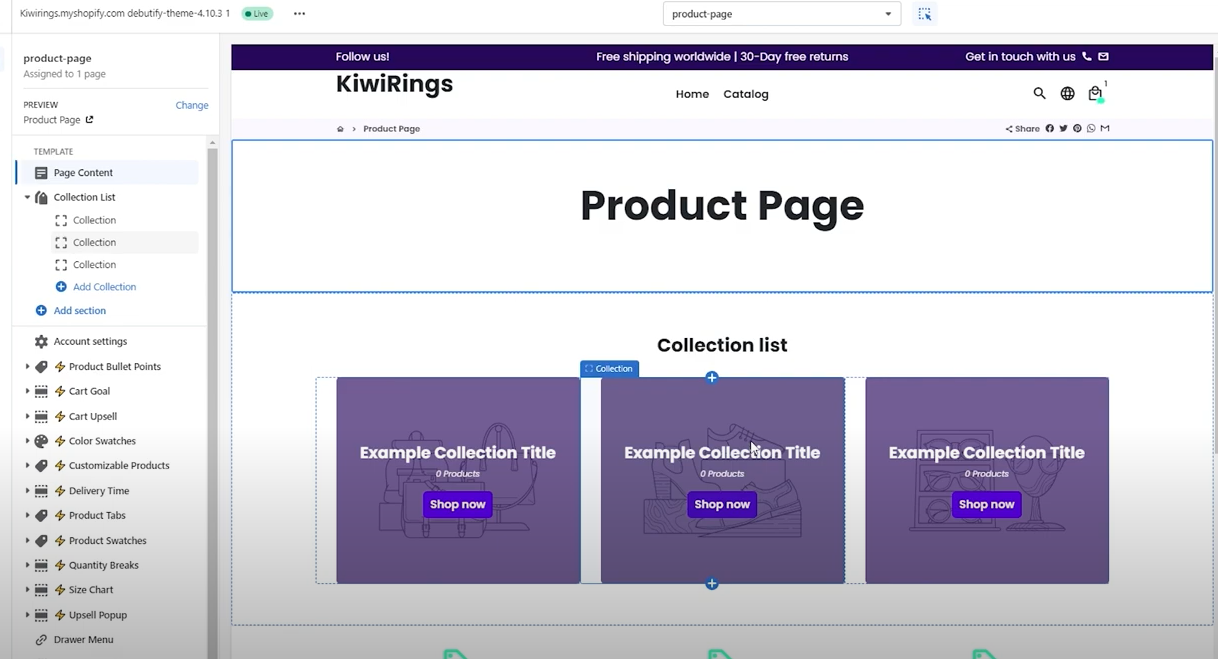 Debutify theme editor Product Page template with a Collection list section